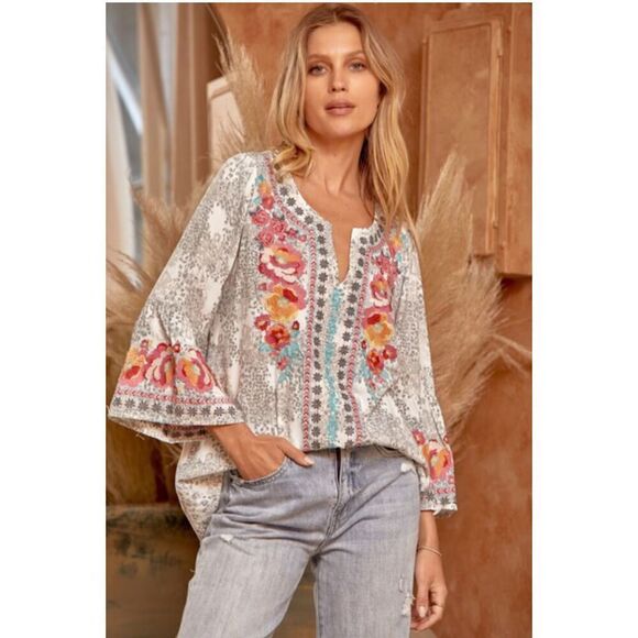 Savanna Jane Tops - Savanna Jane Boho Top V-Neck Long Bell Sleeve Embroidered Blouse Floral Gray